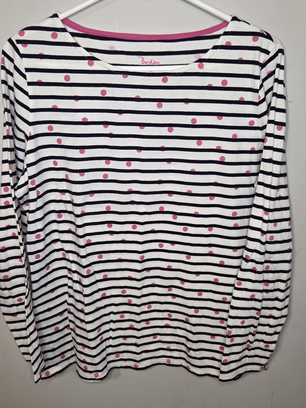 Boden Black & White Striped Long-Sleeve Top with Pink Polka Dots